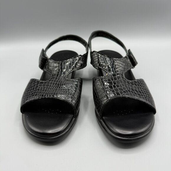 SAS Suntimer Heel Strap Hook and Loop Sandals Heels Black Croc Print Leather 8 - Picture 2 of 8
